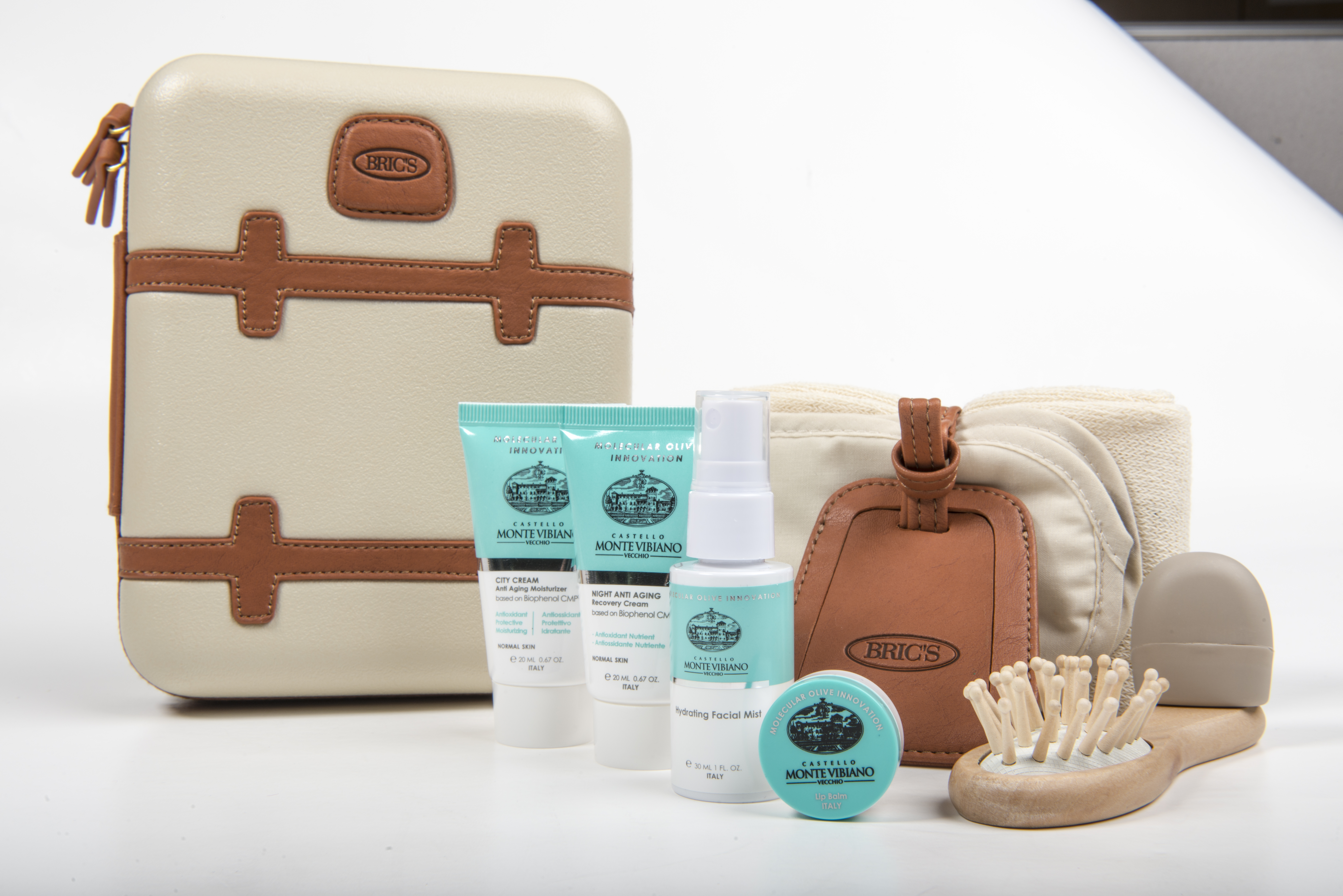 a group of toiletries and a bag