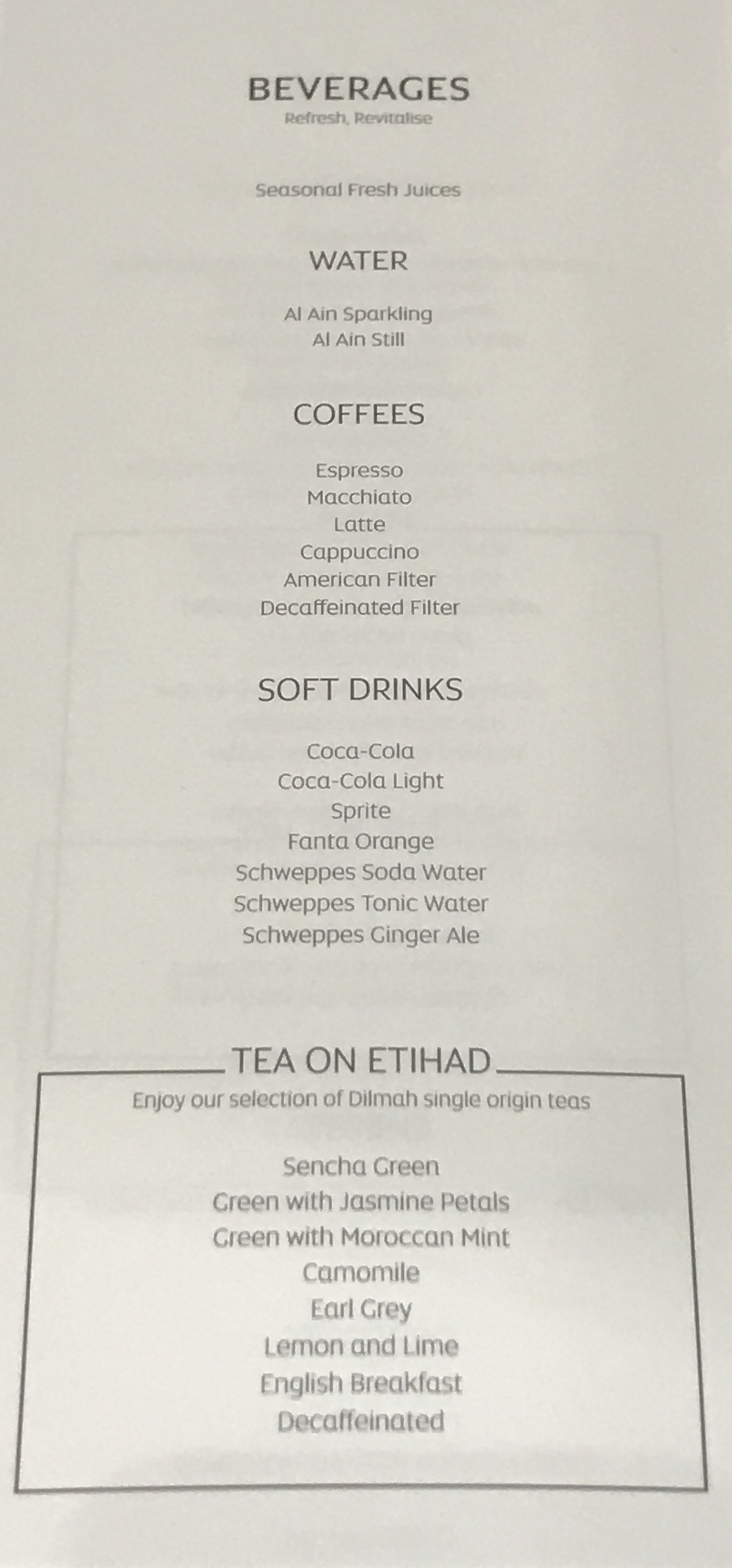 a menu of a beverage
