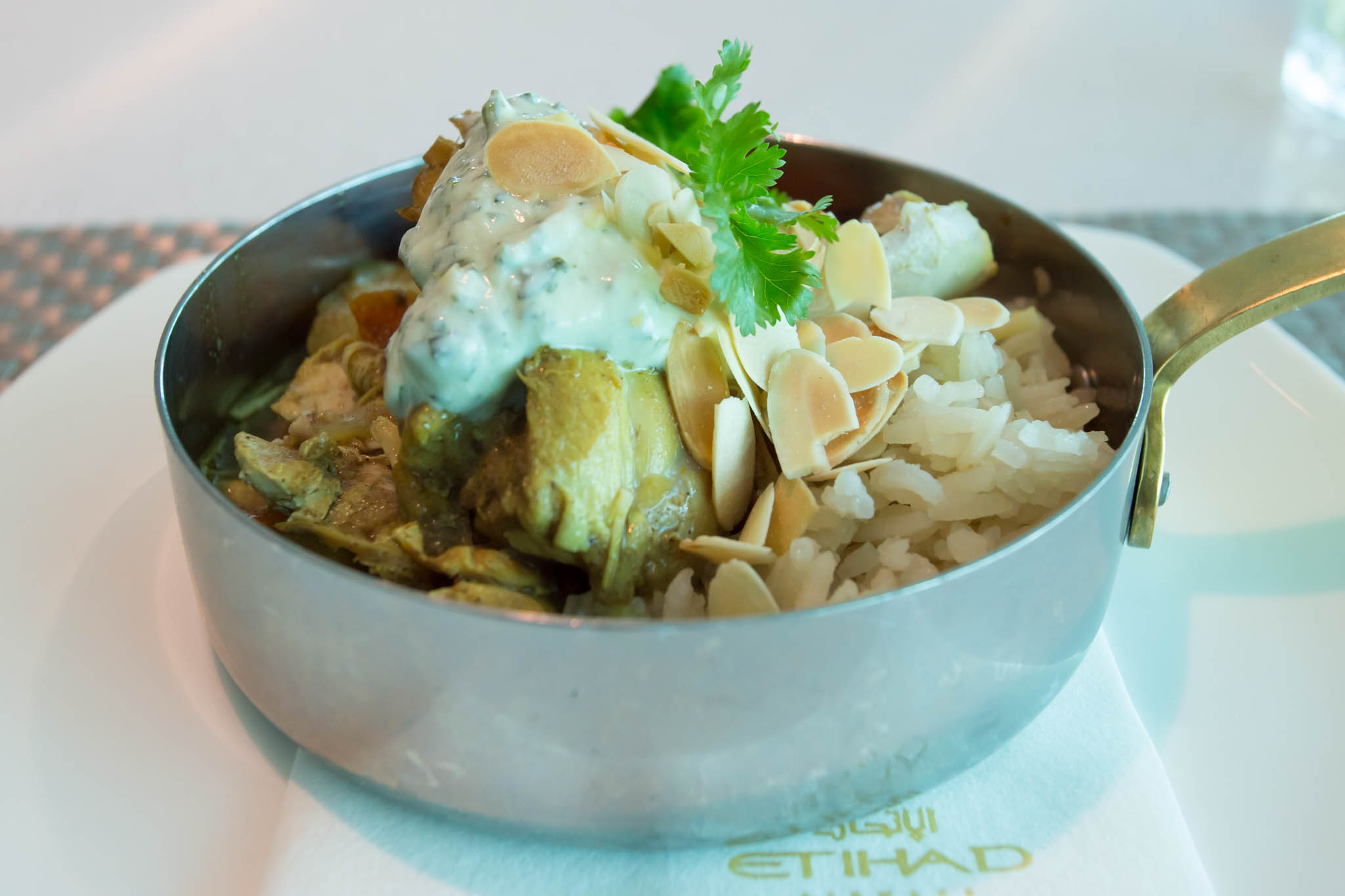 a bowl of food on a napkin