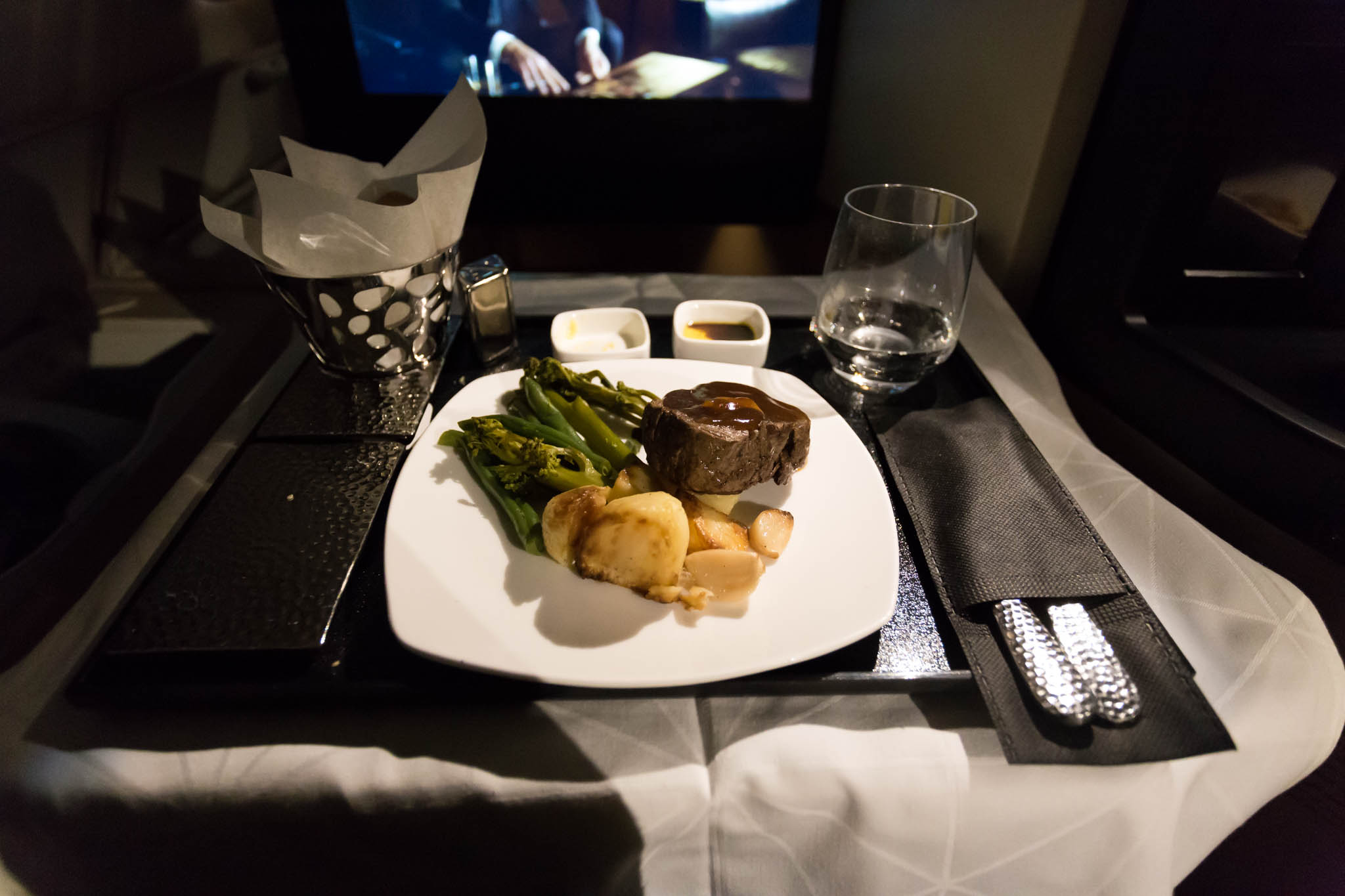 a plate of food on a tray
