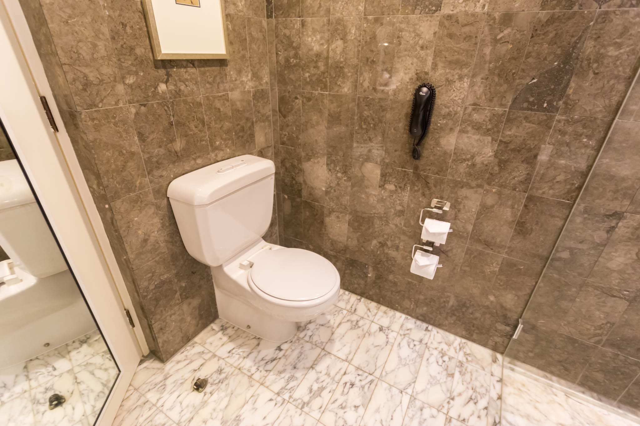 a bathroom with a phone and toilet