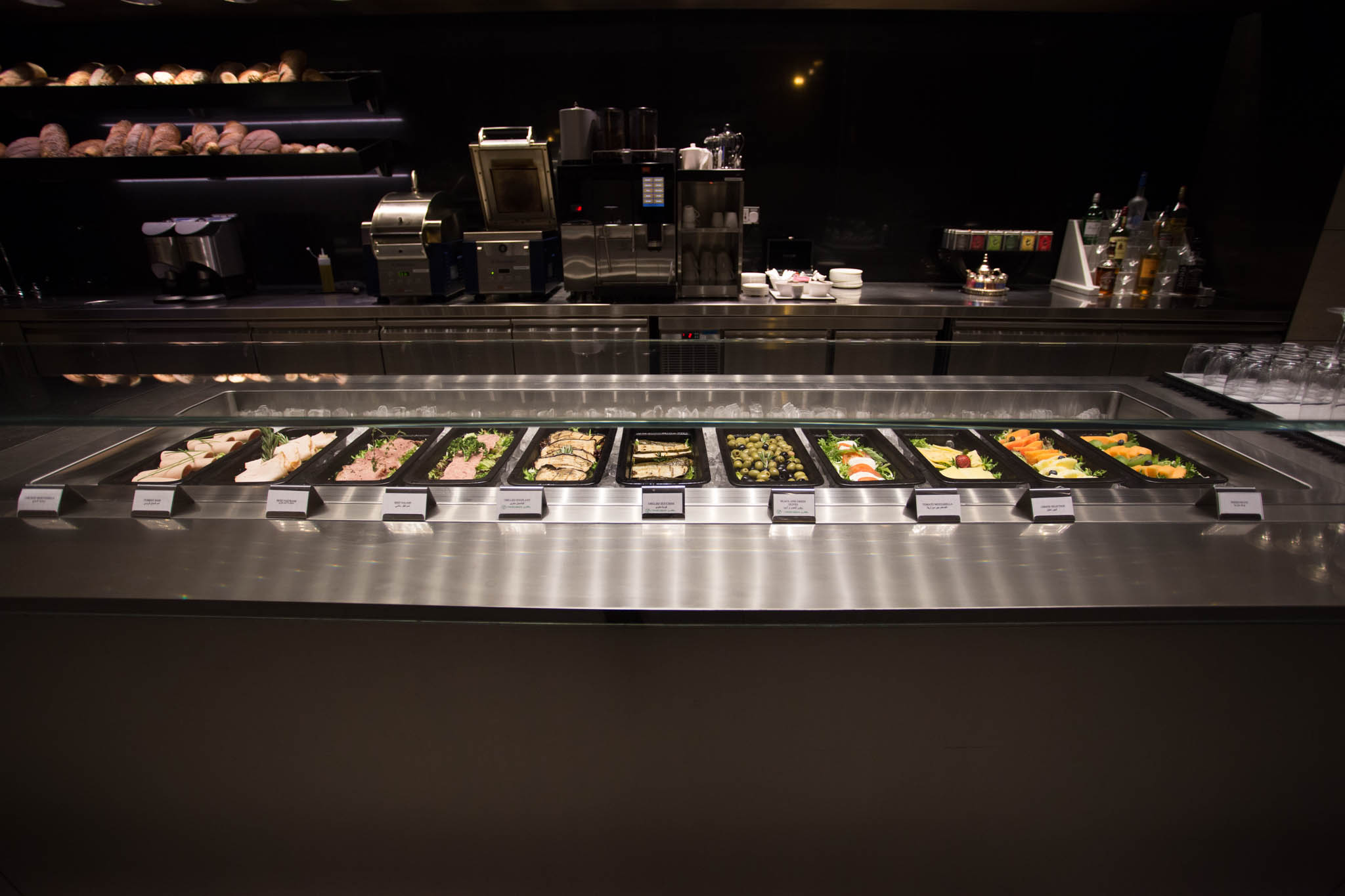 a buffet line of food