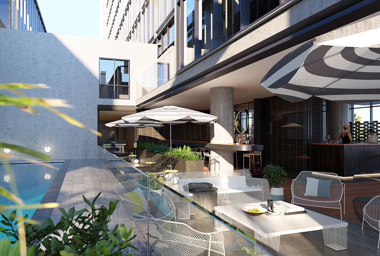 a patio with white tables and chairs