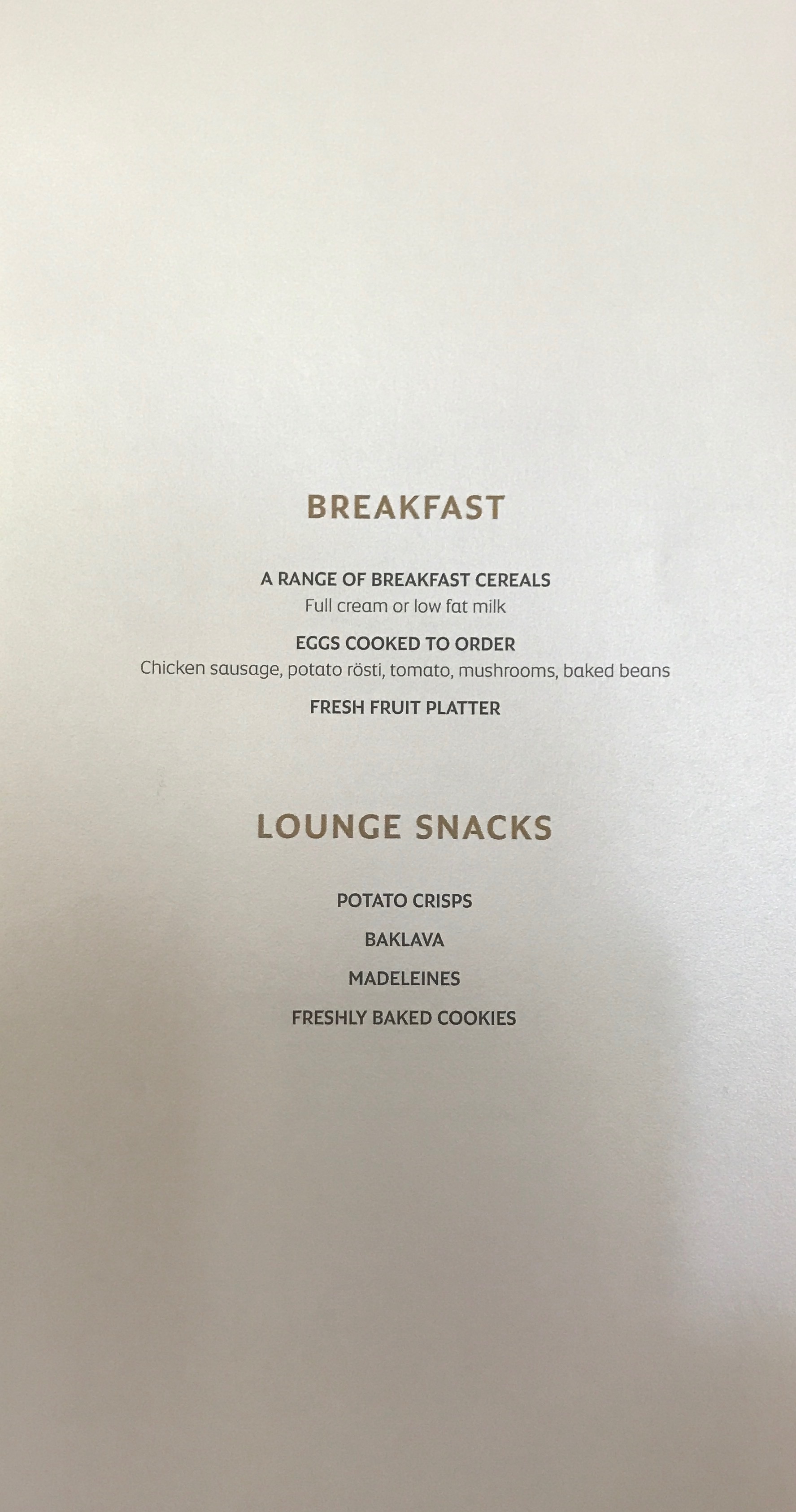 a menu of breakfast and lounge snacks