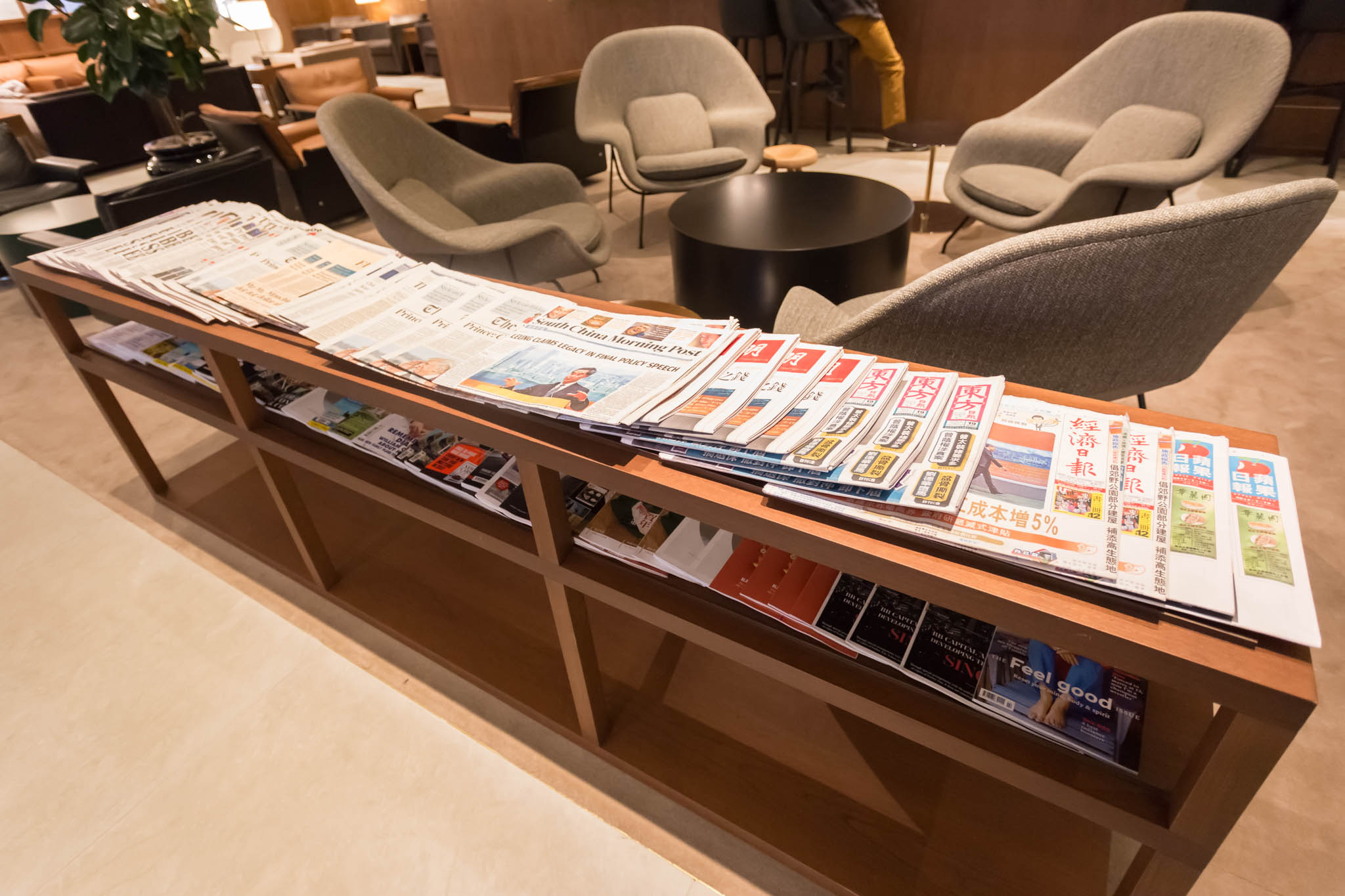 a shelf with newspapers on it