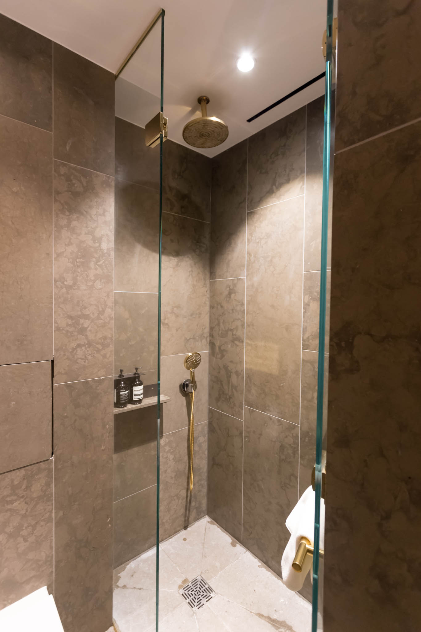 a shower with a glass door