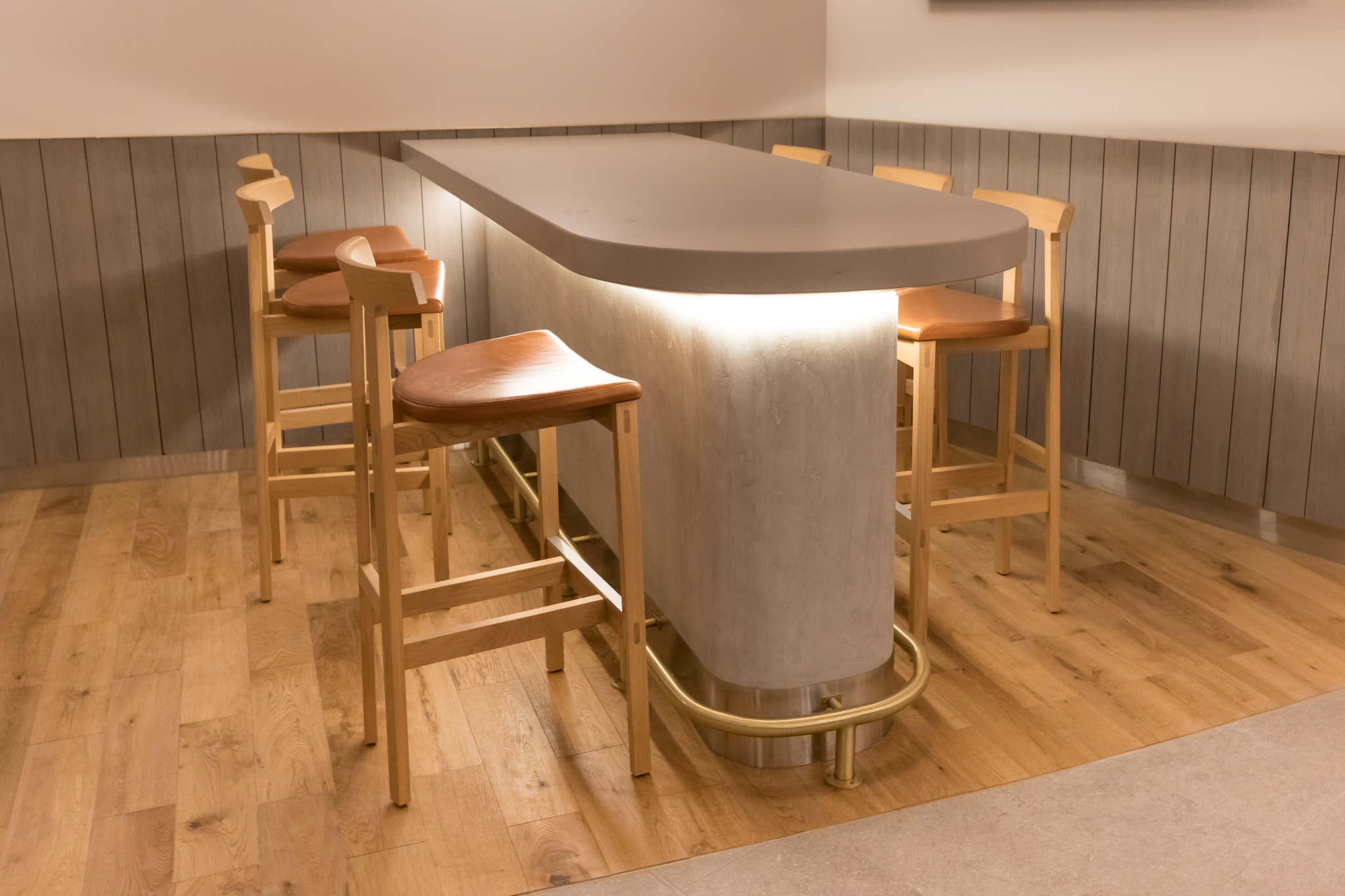 a bar with stools around it