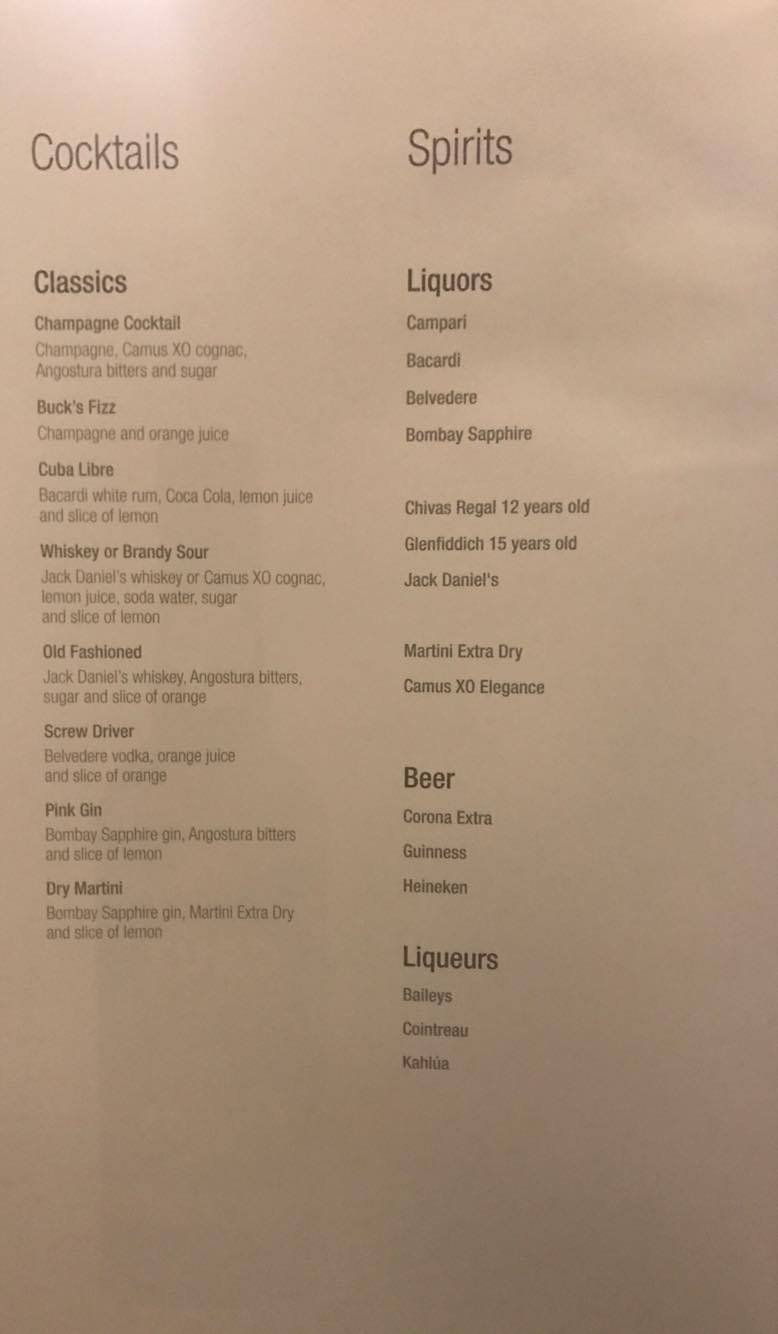 a menu of liquors and alcohols