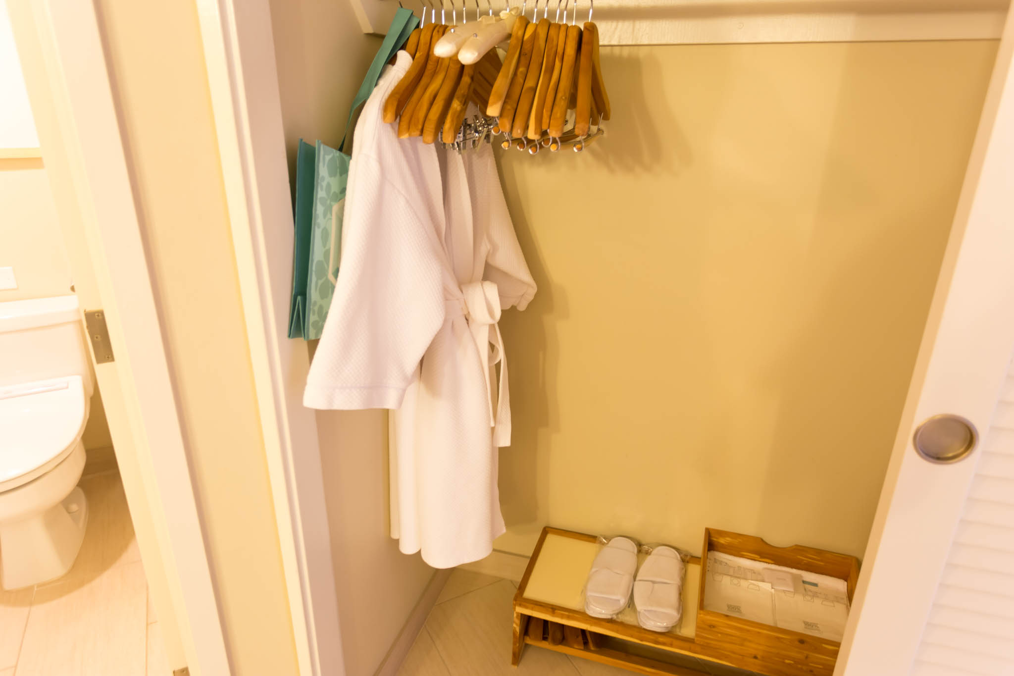 a white robe and swingers in a closet