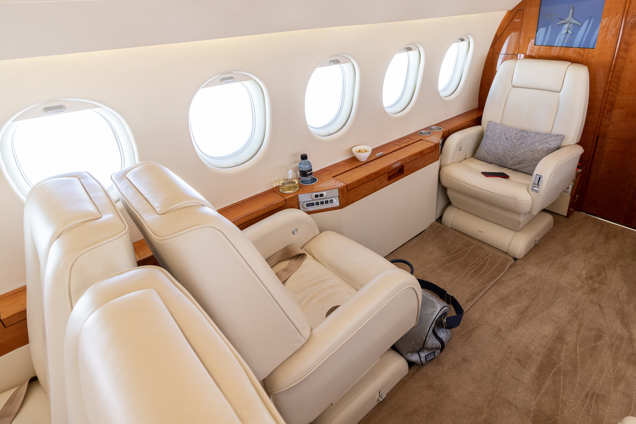a white leather seats in a plane