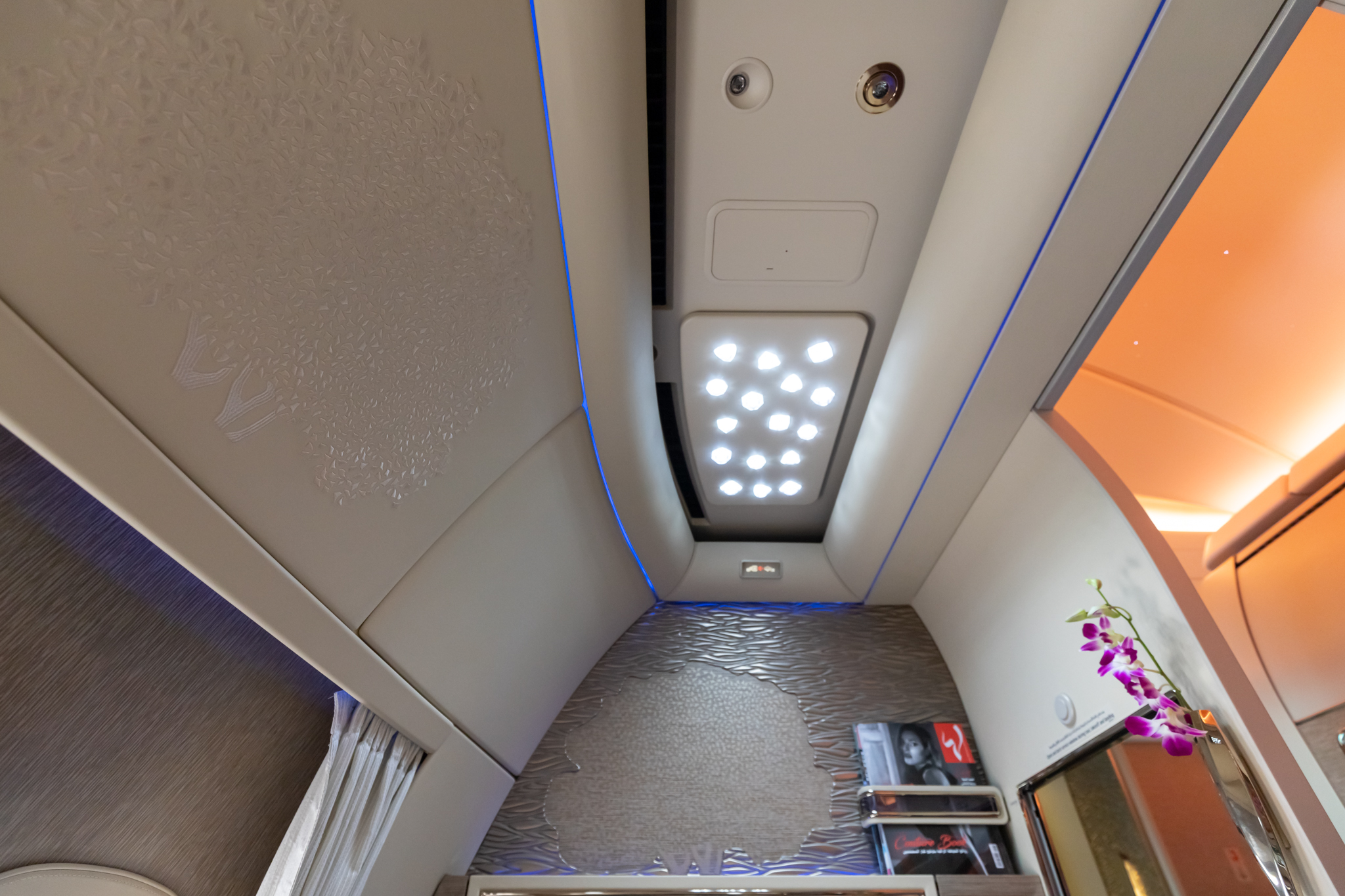 a ceiling with lights and a shelf
