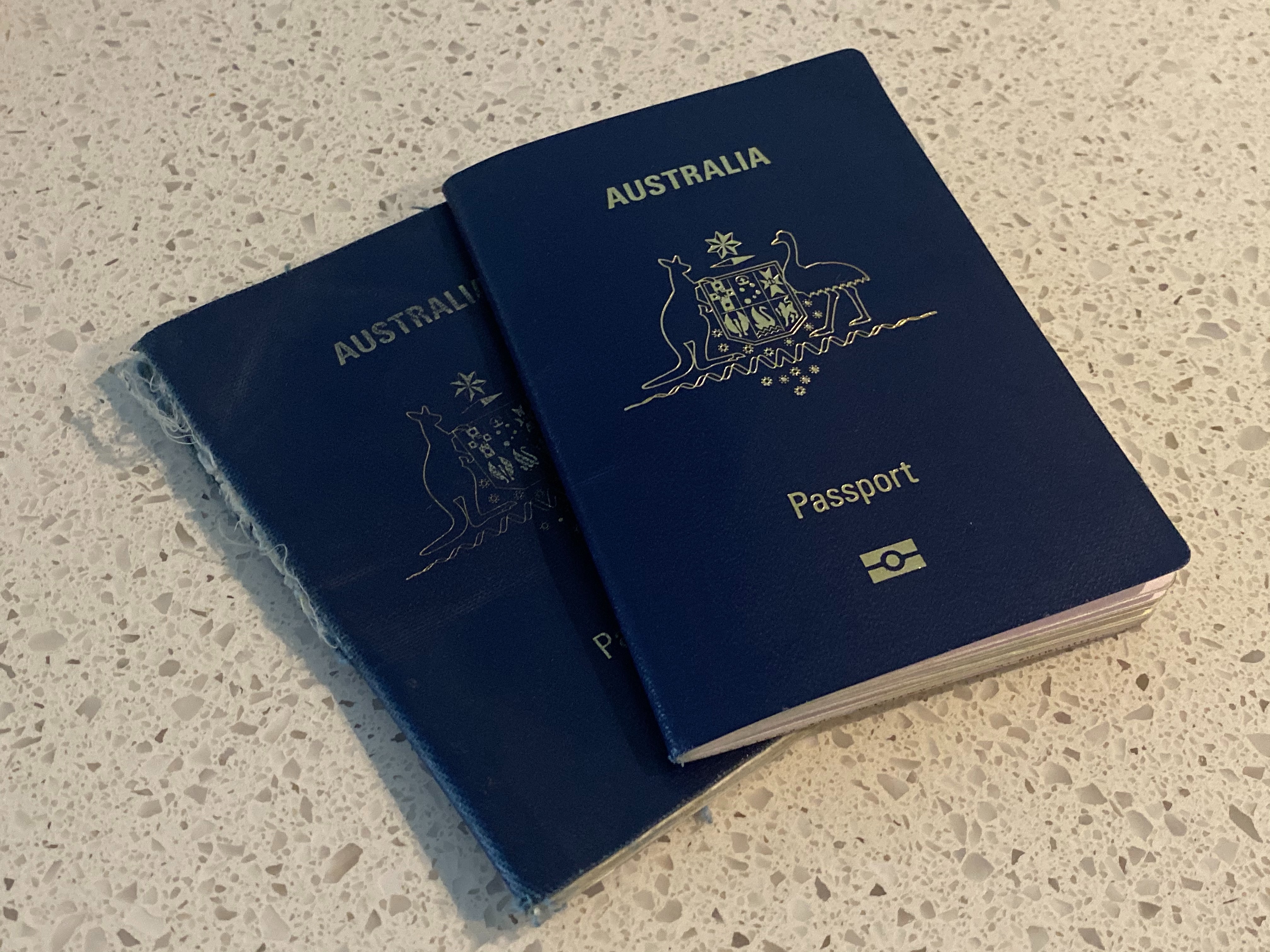 two blue passports on a white surface