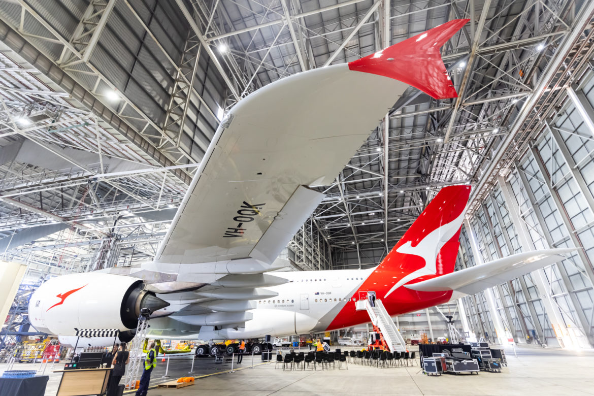 QFNEWA380CABINS-20 an airplane in a hangar