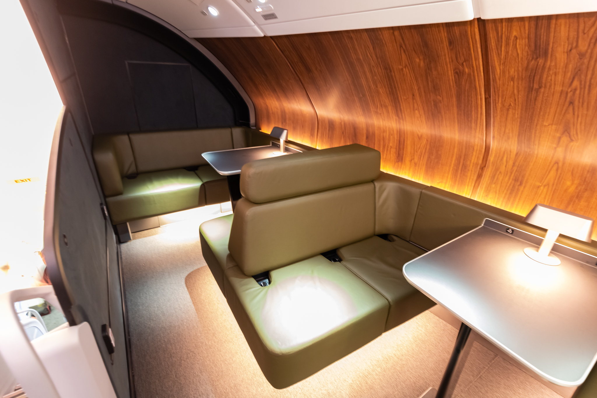 a seat and table in a plane