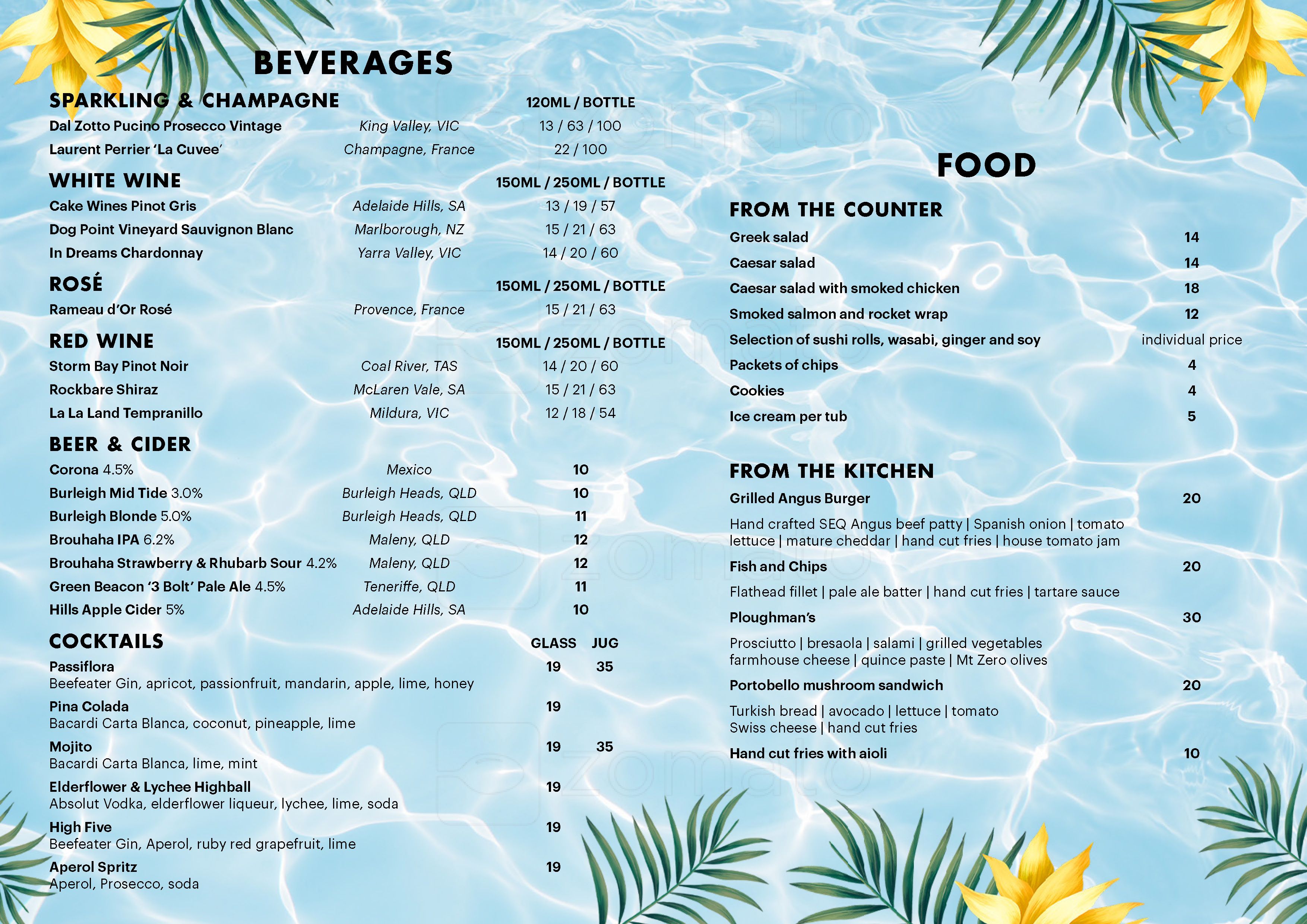 a menu in a pool