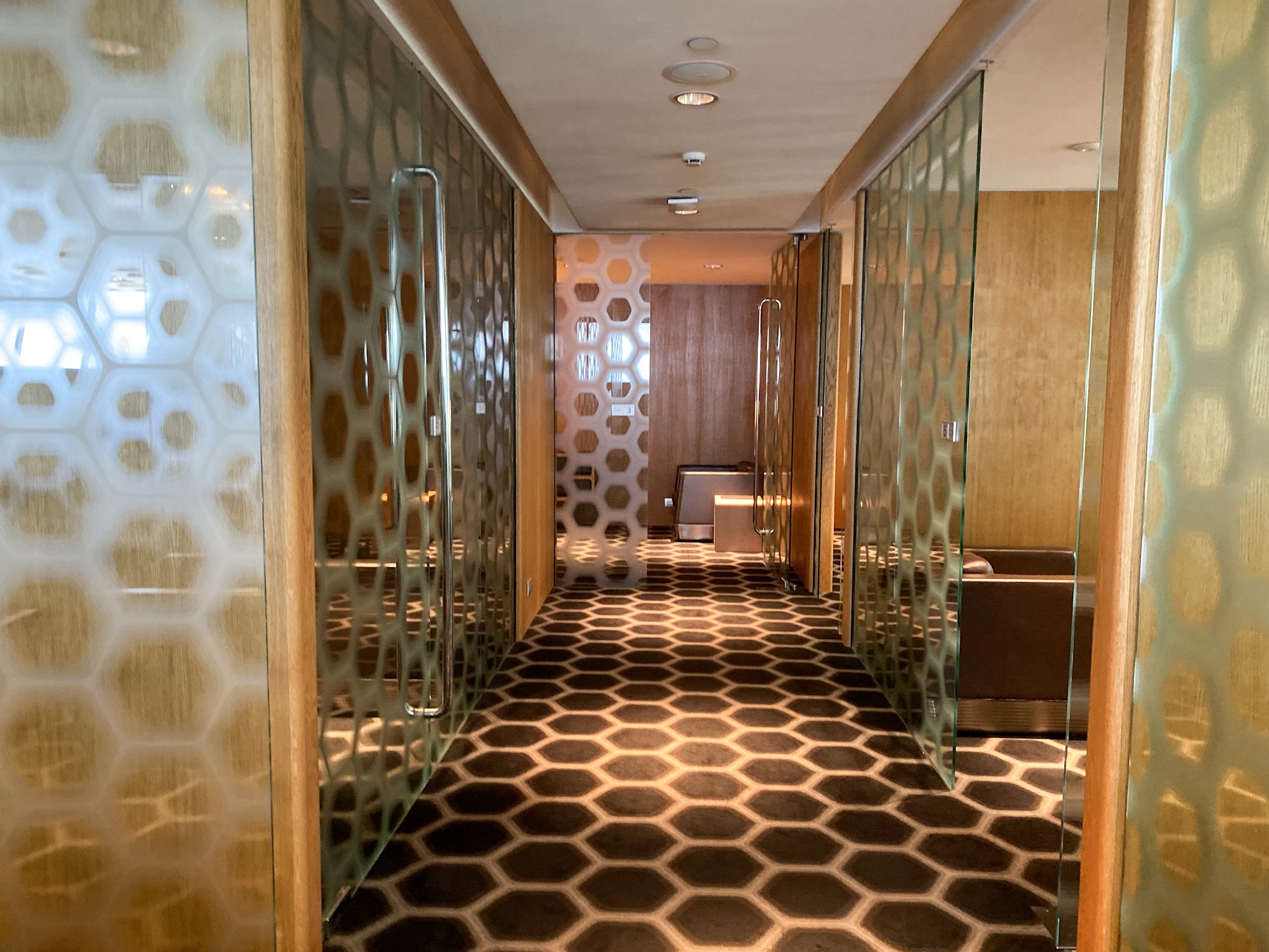 a hallway with glass doors and a patterned carpet