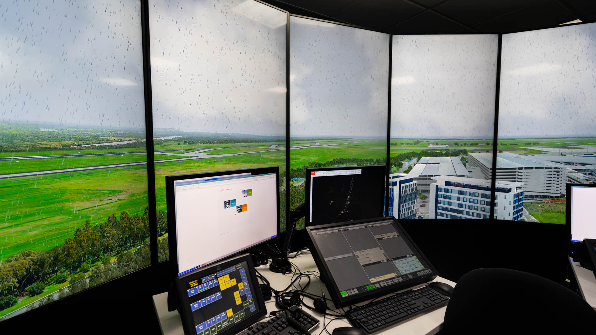 a computer screens and monitors in a control room