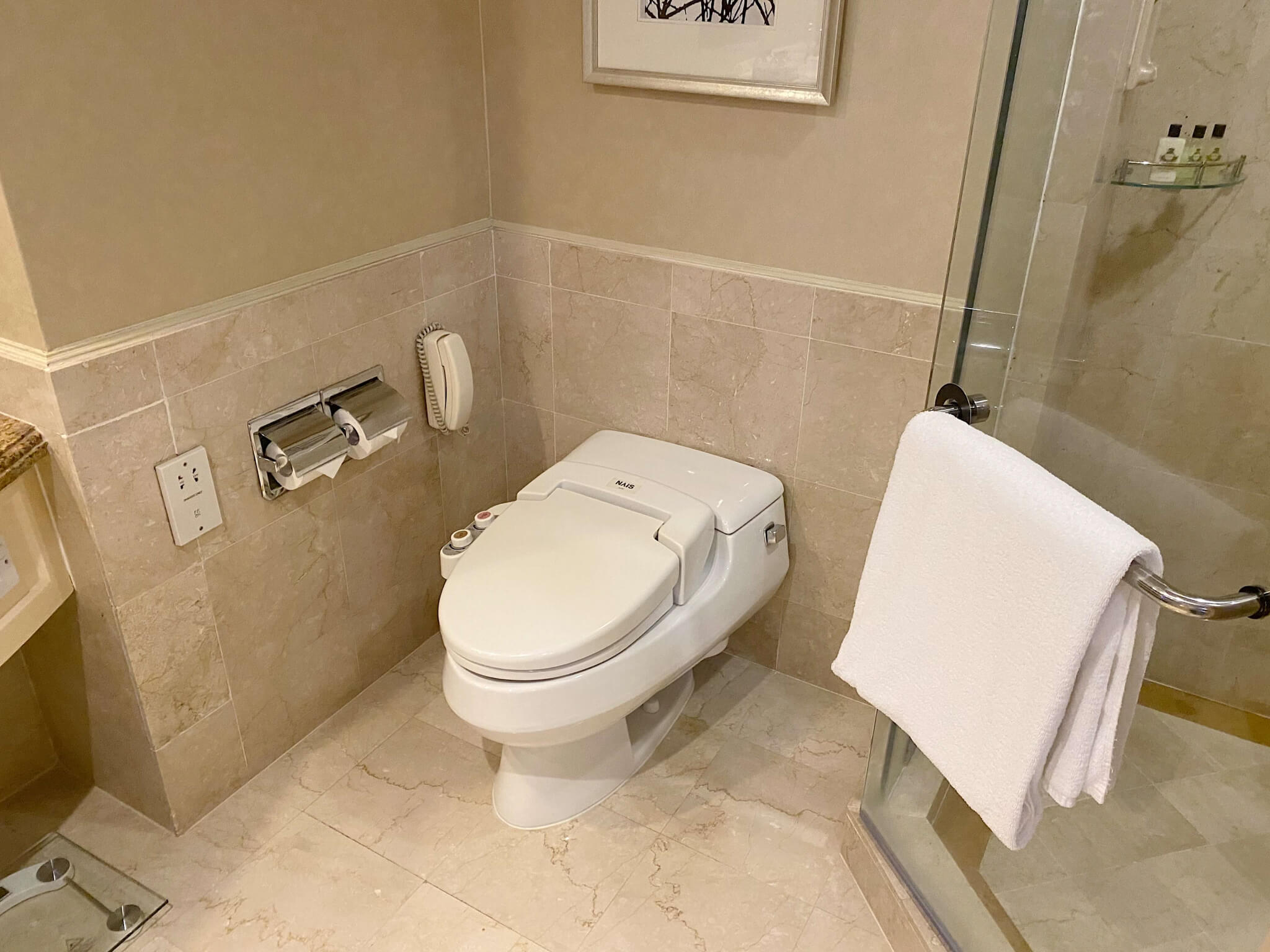 a bathroom with a toilet and shower